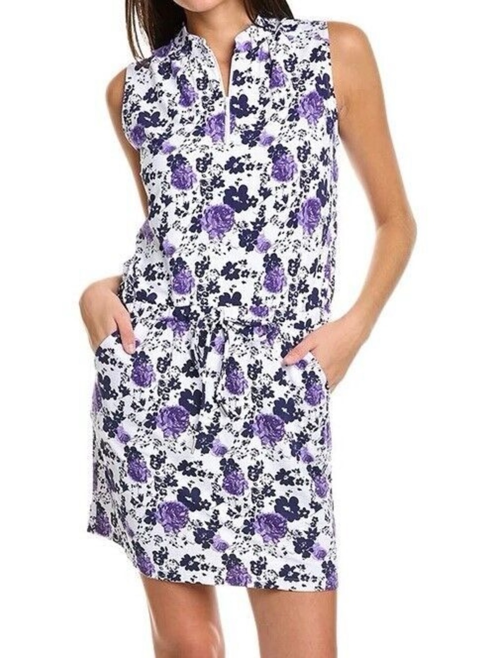 IBKUL Xenia Sleeveless Dress Women’s Size XS Tie Waist Pocket Plum Floral UPF 50